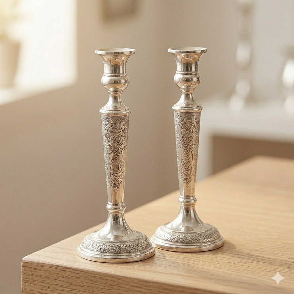 זוג פמוטים שבת כסף מעוצבים
